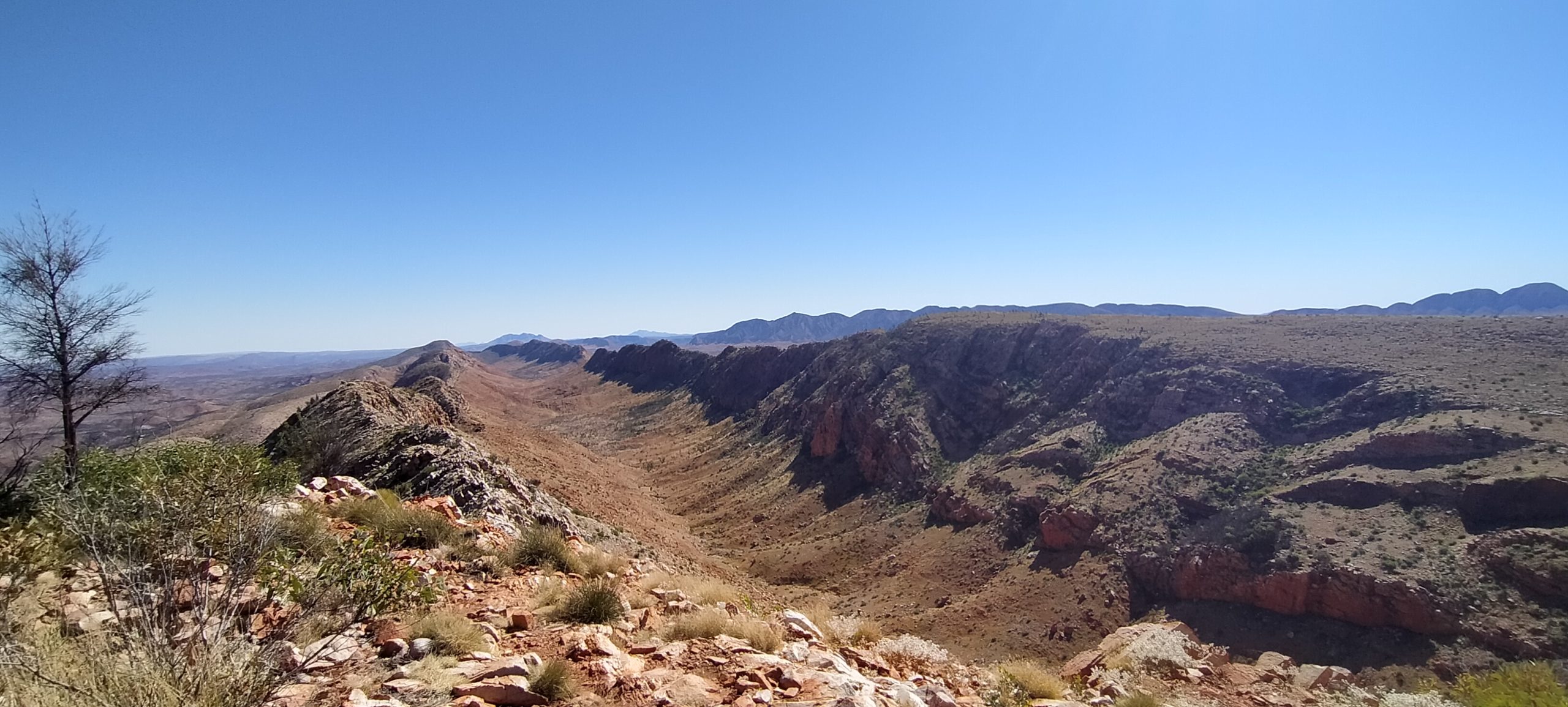 Panoramic view of the rugged ridgelines and sweeping valleys of the Larapinta Trail in Tjoritja (West MacDonnell Ranges). A breathtaking landscape that travellers experience on the First Nations-guided tour with Inspiration Outdoors.